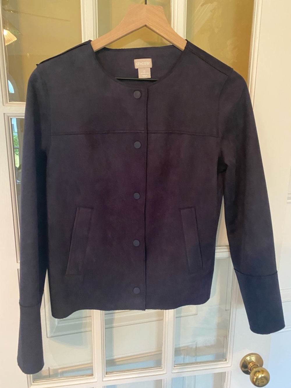 Chico's Dark Navy Collarless Suede Snap Jacket